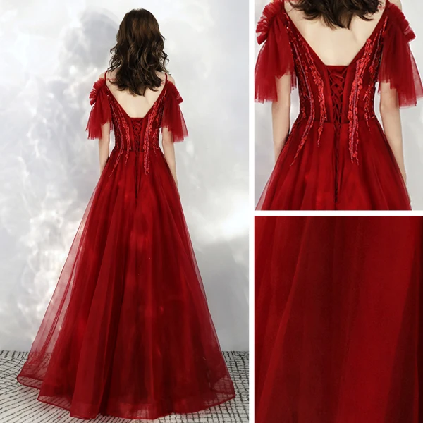 Chic / Beautiful Burgundy Prom Dresses 2020 A-Line / Princess Spaghetti Straps Deep V-Neck Short Sleeve Appliques Lace Beading Floor-Length / Long Ruffle Backless Formal Dresses