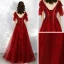 Chic / Beautiful Burgundy Prom Dresses 2020 A-Line / Princess Spaghetti Straps Deep V-Neck Short Sleeve Appliques Lace Beading Floor-Length / Long Ruffle Backless Formal Dresses