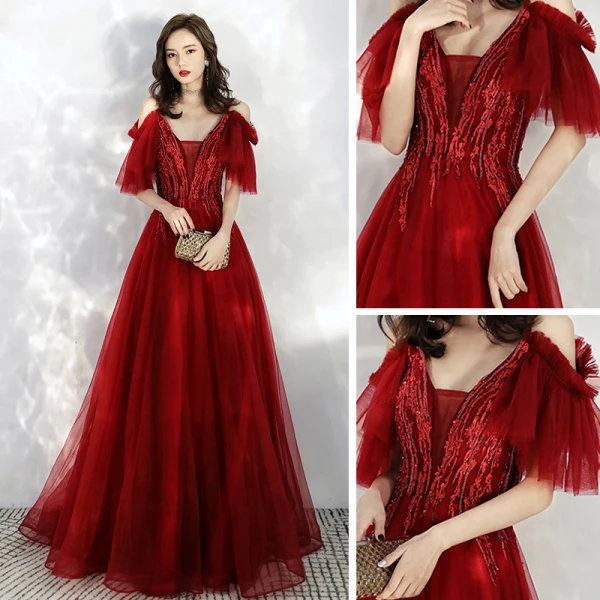 Chic / Beautiful Burgundy Prom Dresses 2020 A-Line / Princess Spaghetti Straps Deep V-Neck Short Sleeve Appliques Lace Beading Floor-Length / Long Ruffle Backless Formal Dresses