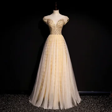 High End Gold Dancing Prom Dresses 2020 A Line Princess See Through Scoop Neck Short Sleeve Beading Sequins Floor Length Long Ruffle Backless Formal Dresses