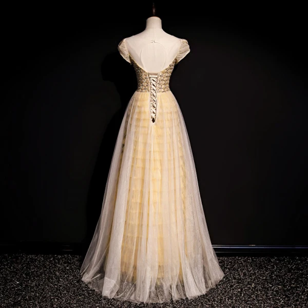 High-end Gold Dancing Prom Dresses 2020 A-Line / Princess See-through Scoop Neck Short Sleeve Beading Sequins Floor-Length / Long Ruffle Backless Formal Dresses