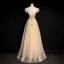 High-end Gold Dancing Prom Dresses 2020 A-Line / Princess See-through Scoop Neck Short Sleeve Beading Sequins Floor-Length / Long Ruffle Backless Formal Dresses