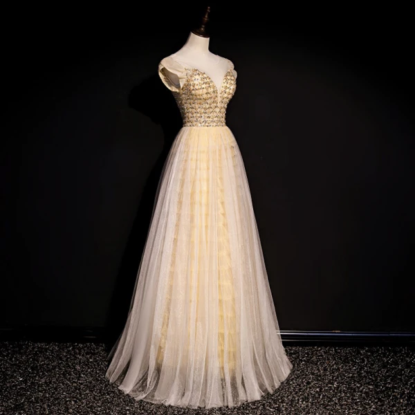 High-end Gold Dancing Prom Dresses 2020 A-Line / Princess See-through Scoop Neck Short Sleeve Beading Sequins Floor-Length / Long Ruffle Backless Formal Dresses