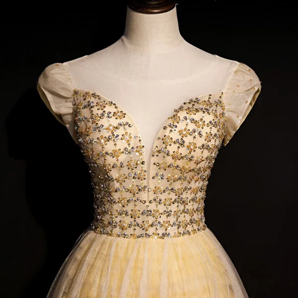 High-end Gold Dancing Prom Dresses 2020 A-Line / Princess See-through Scoop Neck Short Sleeve Beading Sequins Floor-Length / Long Ruffle Backless Formal Dresses