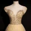 High-end Gold Dancing Prom Dresses 2020 A-Line / Princess See-through Scoop Neck Short Sleeve Beading Sequins Floor-Length / Long Ruffle Backless Formal Dresses