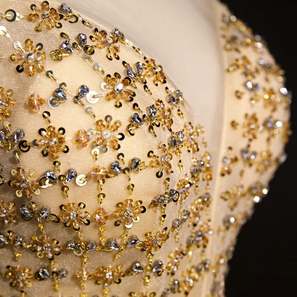 High-end Gold Dancing Prom Dresses 2020 A-Line / Princess See-through Scoop Neck Short Sleeve Beading Sequins Floor-Length / Long Ruffle Backless Formal Dresses