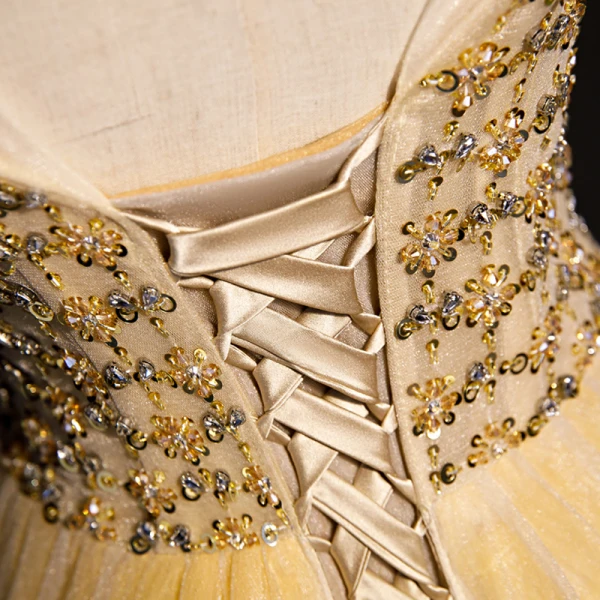 High-end Gold Dancing Prom Dresses 2020 A-Line / Princess See-through Scoop Neck Short Sleeve Beading Sequins Floor-Length / Long Ruffle Backless Formal Dresses
