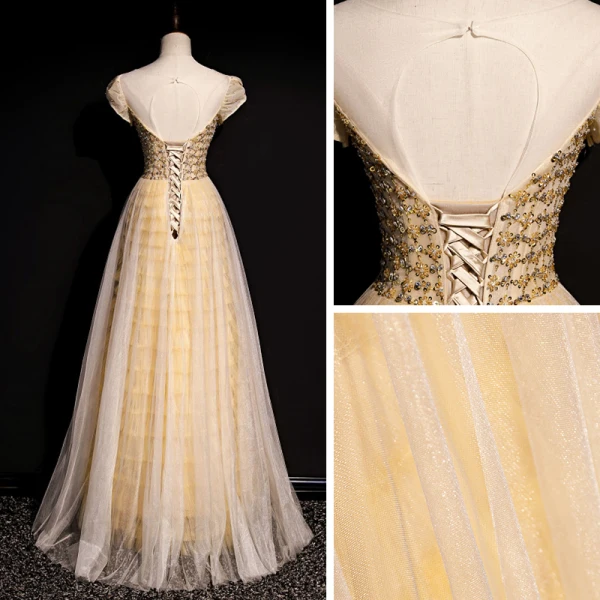High-end Gold Dancing Prom Dresses 2020 A-Line / Princess See-through Scoop Neck Short Sleeve Beading Sequins Floor-Length / Long Ruffle Backless Formal Dresses