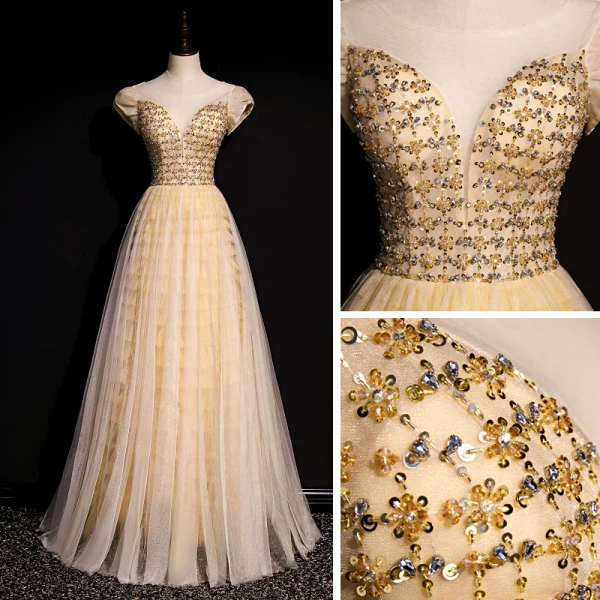 High-end Gold Dancing Prom Dresses 2020 A-Line / Princess See-through Scoop Neck Short Sleeve Beading Sequins Floor-Length / Long Ruffle Backless Formal Dresses