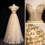 High-end Gold Dancing Prom Dresses 2020 A-Line / Princess See-through Scoop Neck Short Sleeve Beading Sequins Floor-Length / Long Ruffle Backless Formal Dresses