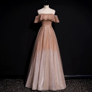 High End Champagne Gradient Farge Dancing Ballkjoler 2020 Prinsesse Av Skulderen Korte Ermer Beading Paljetter Lange Buste Ryggløse Formelle Kjoler