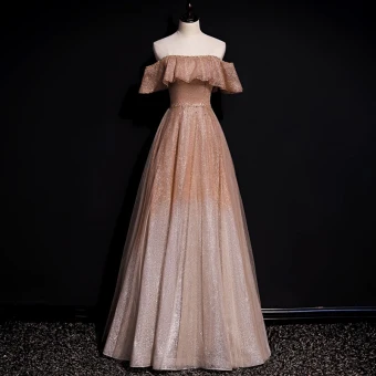 High End Champagne Gradient Color Dancing Prom Dresses 2020 A Line Princess Off The Shoulder Short Sleeve Beading Sequins Floor Length Long Ruffle Backless Formal Dresses