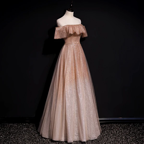 High End Champagner Farbverlauf Tanzen Ballkleider 2020 A Linie Off Shoulder Kurze Ärmel Perlenstickerei Pailletten Lange Rüschen Rückenfreies Festliche Kleider