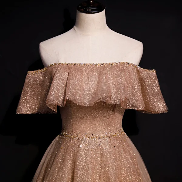 High End Champagner Farbverlauf Tanzen Ballkleider 2020 A Linie Off Shoulder Kurze Ärmel Perlenstickerei Pailletten Lange Rüschen Rückenfreies Festliche Kleider