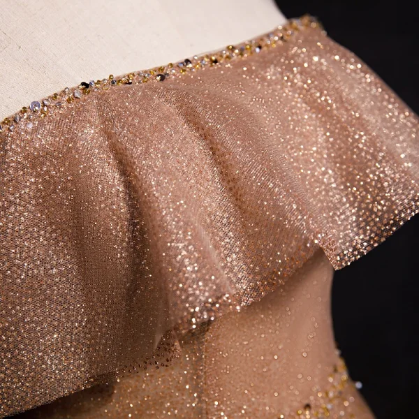 High End Champagner Farbverlauf Tanzen Ballkleider 2020 A Linie Off Shoulder Kurze Ärmel Perlenstickerei Pailletten Lange Rüschen Rückenfreies Festliche Kleider