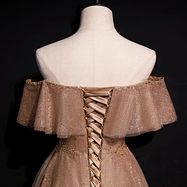 High End Champagner Farbverlauf Tanzen Ballkleider 2020 A Linie Off Shoulder Kurze Ärmel Perlenstickerei Pailletten Lange Rüschen Rückenfreies Festliche Kleider