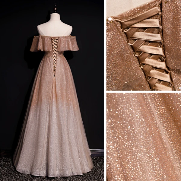 High End Champagner Farbverlauf Tanzen Ballkleider 2020 A Linie Off Shoulder Kurze Ärmel Perlenstickerei Pailletten Lange Rüschen Rückenfreies Festliche Kleider
