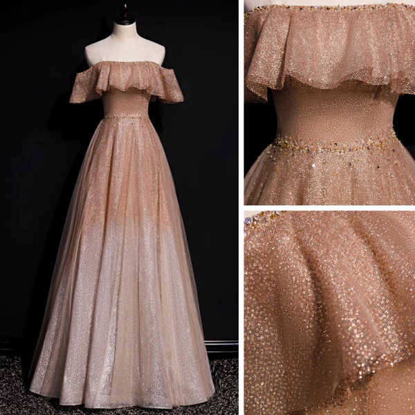 High End Champagner Farbverlauf Tanzen Ballkleider 2020 A Linie Off Shoulder Kurze Ärmel Perlenstickerei Pailletten Lange Rüschen Rückenfreies Festliche Kleider
