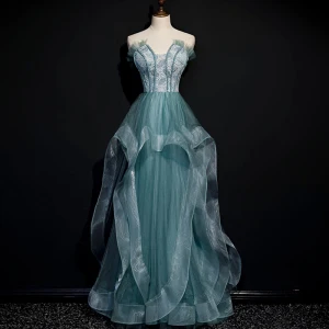 Beste Salvie Grønn Dancing Ballkjoler 2020 Prinsesse Strapless Uten Ermer Beading Lange Buste Ryggløse Formelle Kjoler