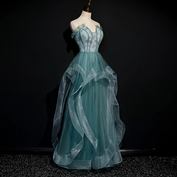 Best Sage Green Dancing Prom Dresses 2020 A-Line / Princess Strapless Sleeveless Beading Floor-Length / Long Ruffle Backless Formal Dresses