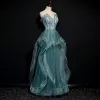 Meilleur Vert Cendré Dansant Robe De Bal 2020 Princesse Bustier Sans Manches Perlage Longue Volants Dos Nu Robe De Ceremonie