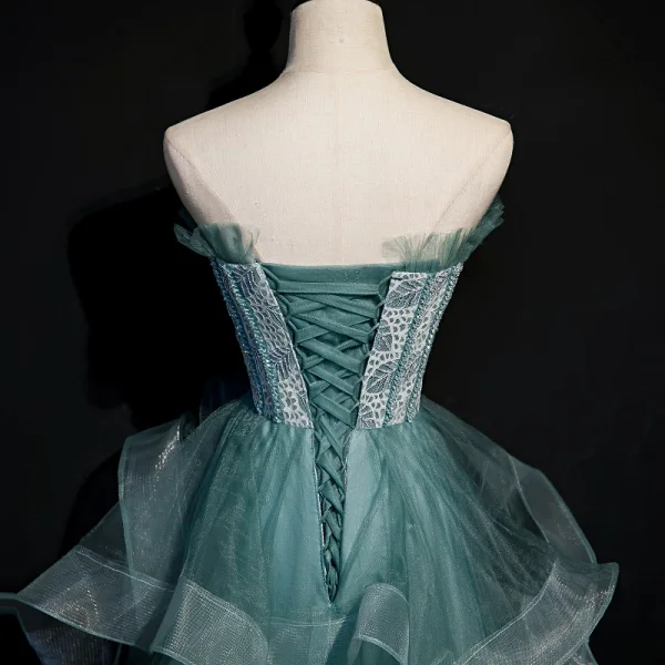 Best Sage Green Dancing Prom Dresses 2020 A-Line / Princess Strapless Sleeveless Beading Floor-Length / Long Ruffle Backless Formal Dresses