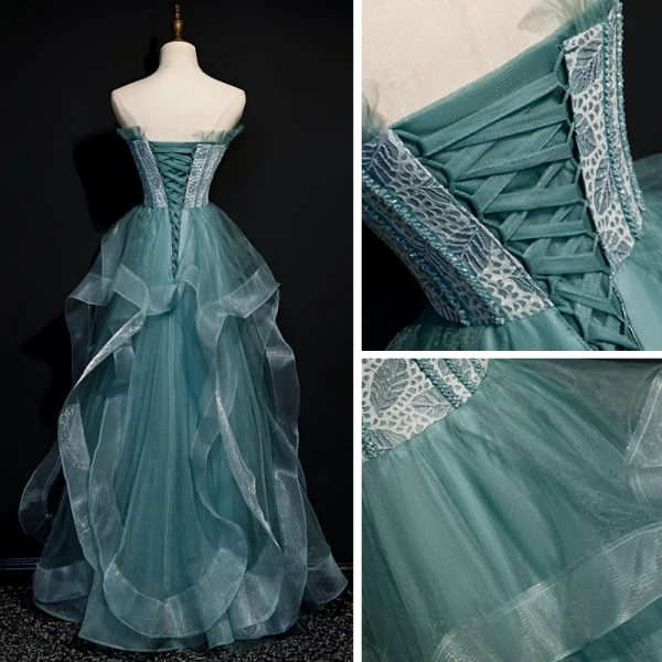Best Sage Green Dancing Prom Dresses 2020 A-Line / Princess Strapless Sleeveless Beading Floor-Length / Long Ruffle Backless Formal Dresses