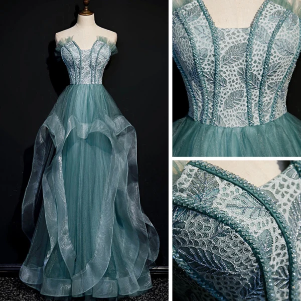 Best Sage Green Dancing Prom Dresses 2020 A-Line / Princess Strapless Sleeveless Beading Floor-Length / Long Ruffle Backless Formal Dresses