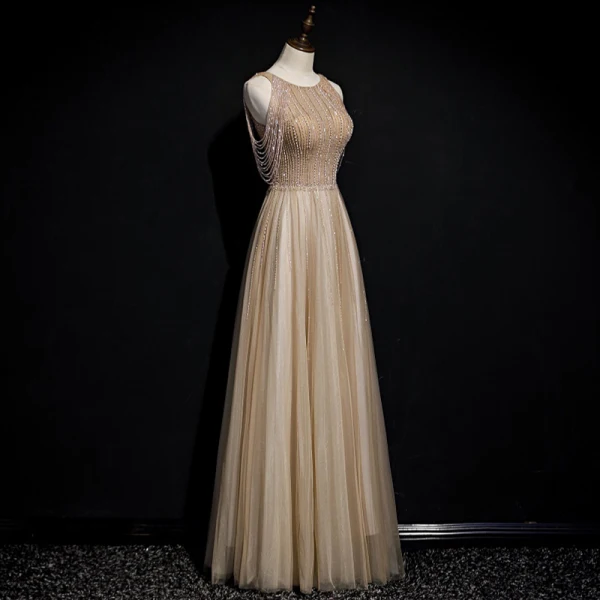 High-end Gold Evening Dresses 2020 A-Line / Princess Scoop Neck Sleeveless Beading Glitter Tulle Floor-Length / Long Ruffle Backless Formal Dresses