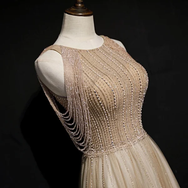High-end Gold Evening Dresses 2020 A-Line / Princess Scoop Neck Sleeveless Beading Glitter Tulle Floor-Length / Long Ruffle Backless Formal Dresses