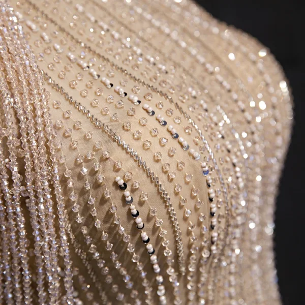 High-end Gold Evening Dresses 2020 A-Line / Princess Scoop Neck Sleeveless Beading Glitter Tulle Floor-Length / Long Ruffle Backless Formal Dresses