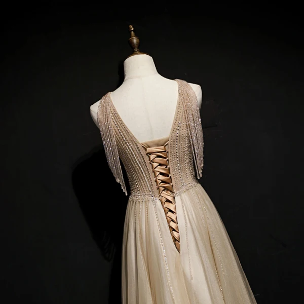 High-end Gold Evening Dresses 2020 A-Line / Princess Scoop Neck Sleeveless Beading Glitter Tulle Floor-Length / Long Ruffle Backless Formal Dresses