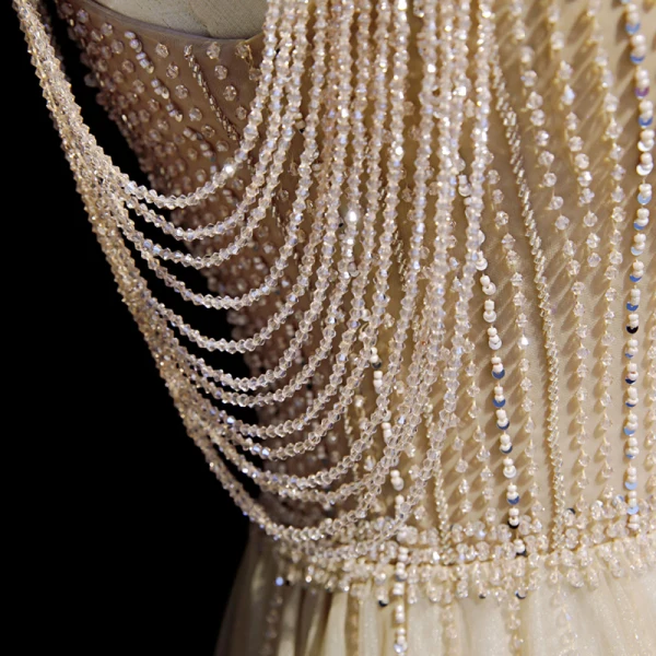 High-end Gold Evening Dresses 2020 A-Line / Princess Scoop Neck Sleeveless Beading Glitter Tulle Floor-Length / Long Ruffle Backless Formal Dresses