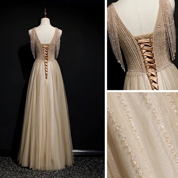 High-end Gold Evening Dresses 2020 A-Line / Princess Scoop Neck Sleeveless Beading Glitter Tulle Floor-Length / Long Ruffle Backless Formal Dresses