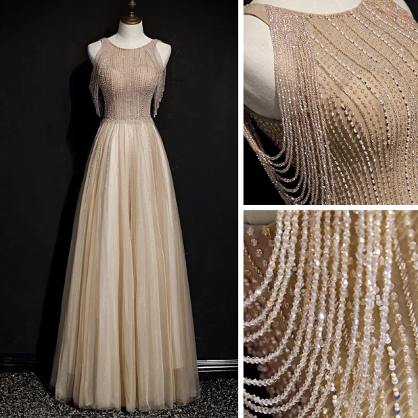 High-end Gold Evening Dresses 2020 A-Line / Princess Scoop Neck Sleeveless Beading Glitter Tulle Floor-Length / Long Ruffle Backless Formal Dresses