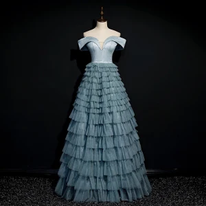 Elegant Hav Blå Dancing Ballkjoler 2020 Prinsesse Av Skulderen Korte Ermer Lange Gripende Ruffles Ryggløse Formelle Kjoler