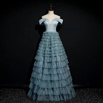 Élégant Océan Bleu Dansant Robe De Bal 2020 Princesse De L 039 Épaule Manches Courtes Longue Volants En Cascade Dos Nu Robe De Ceremonie