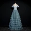 Elegant Ocean Blue Dancing Prom Dresses 2020 A-Line / Princess Off-The-Shoulder Short Sleeve Floor-Length / Long Cascading Ruffles Backless Formal Dresses