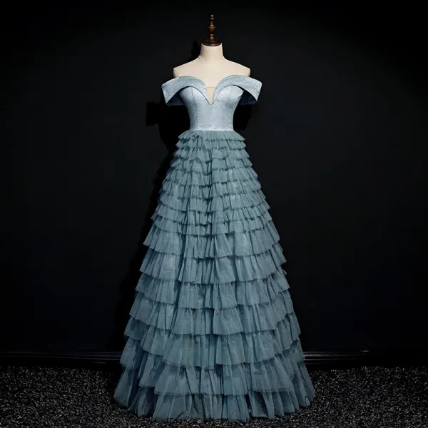 Elegant Ocean Blue Dancing Prom Dresses 2020 A-Line / Princess Off-The-Shoulder Short Sleeve Floor-Length / Long Cascading Ruffles Backless Formal Dresses