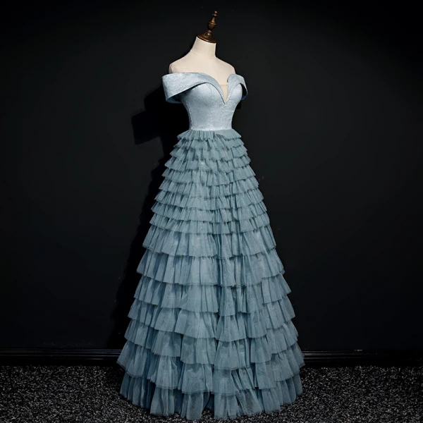 Elegant Ocean Blue Dancing Prom Dresses 2020 A-Line / Princess Off-The-Shoulder Short Sleeve Floor-Length / Long Cascading Ruffles Backless Formal Dresses
