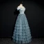 Elegant Ocean Blue Dancing Prom Dresses 2020 A-Line / Princess Off-The-Shoulder Short Sleeve Floor-Length / Long Cascading Ruffles Backless Formal Dresses