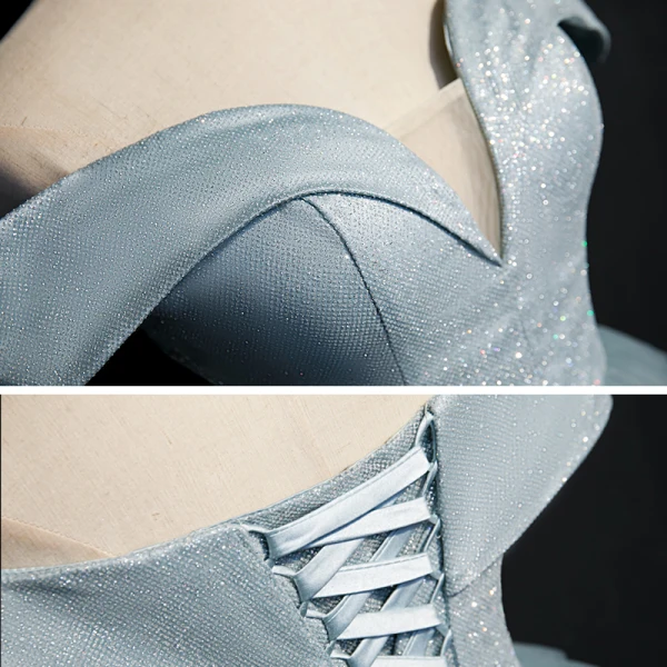 Elegant Ocean Blue Dancing Prom Dresses 2020 A-Line / Princess Off-The-Shoulder Short Sleeve Floor-Length / Long Cascading Ruffles Backless Formal Dresses