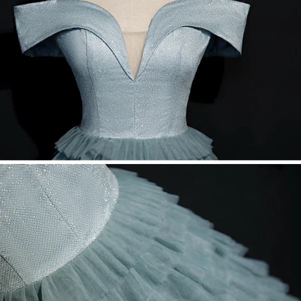 Elegant Ocean Blue Dancing Prom Dresses 2020 A-Line / Princess Off-The-Shoulder Short Sleeve Floor-Length / Long Cascading Ruffles Backless Formal Dresses
