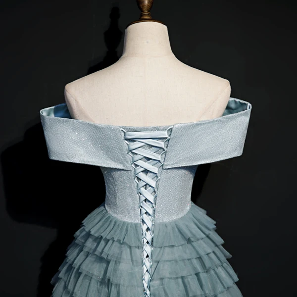 Elegant Ocean Blue Dancing Prom Dresses 2020 A-Line / Princess Off-The-Shoulder Short Sleeve Floor-Length / Long Cascading Ruffles Backless Formal Dresses