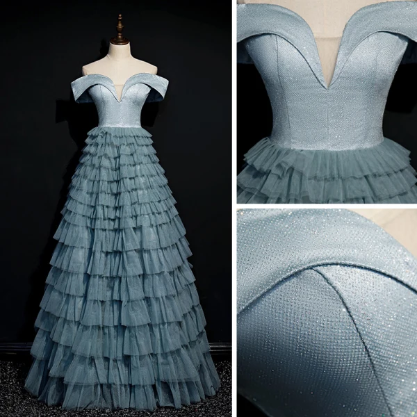 Elegant Ocean Blue Dancing Prom Dresses 2020 A-Line / Princess Off-The-Shoulder Short Sleeve Floor-Length / Long Cascading Ruffles Backless Formal Dresses