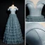 Elegant Ocean Blue Dancing Prom Dresses 2020 A-Line / Princess Off-The-Shoulder Short Sleeve Floor-Length / Long Cascading Ruffles Backless Formal Dresses
