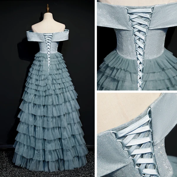 Elegant Ocean Blue Dancing Prom Dresses 2020 A-Line / Princess Off-The-Shoulder Short Sleeve Floor-Length / Long Cascading Ruffles Backless Formal Dresses