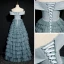 Elegant Ocean Blue Dancing Prom Dresses 2020 A-Line / Princess Off-The-Shoulder Short Sleeve Floor-Length / Long Cascading Ruffles Backless Formal Dresses