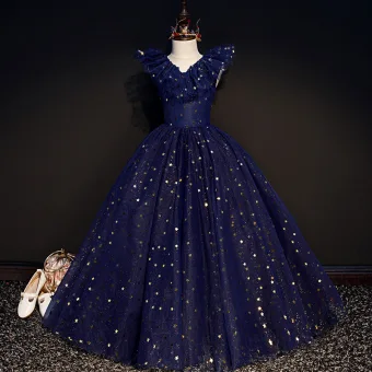 Ciel Étoilé Bleu Marine Anniversaire Robe Ceremonie Fille 2020 Robe Boule V Cou Sans Manches Étoile Paillettes Glitter Tulle Longue Volants