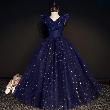 Starry Sky Navy Blue Birthday Flower Girl Dresses 2020 Ball Gown V Neck Sleeveless Star Sequins Glitter Tulle Floor Length Long Ruffle